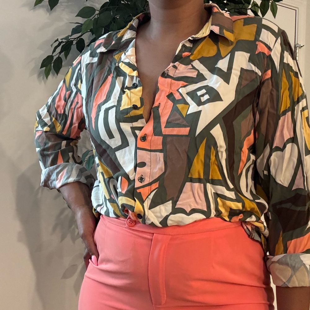 Big Dart Womens Button Front Top Retro Art to Wear Geometric Size 2X EUR 52